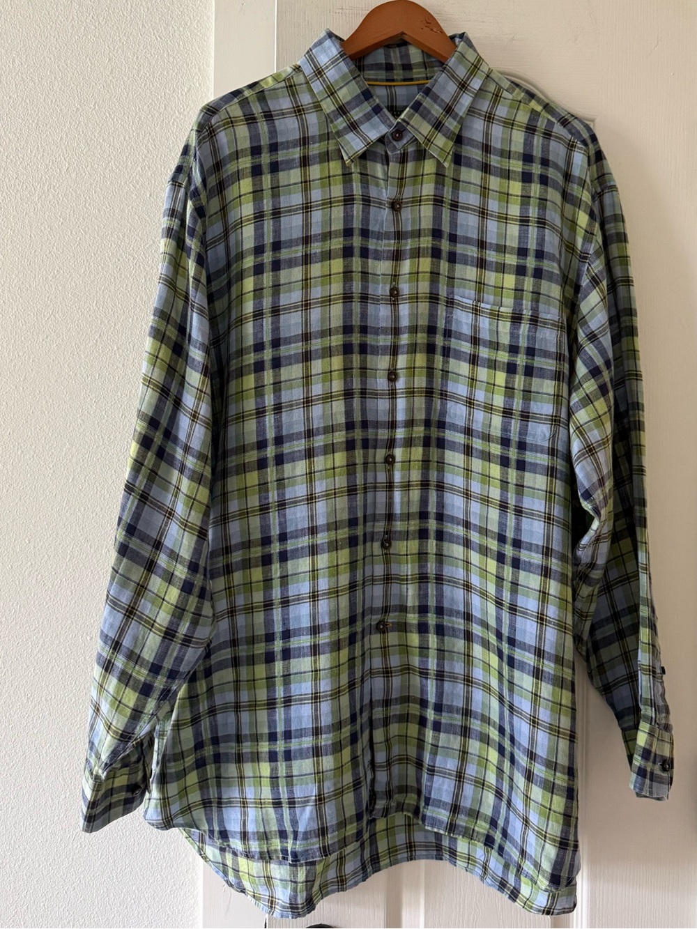 Robert Talbott Men’s XXL 100% Linen Plaid Button Down Shirt Blue Green